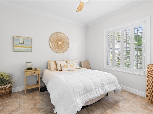 bedroom with crown molding, a ceiling fan, and baseboards