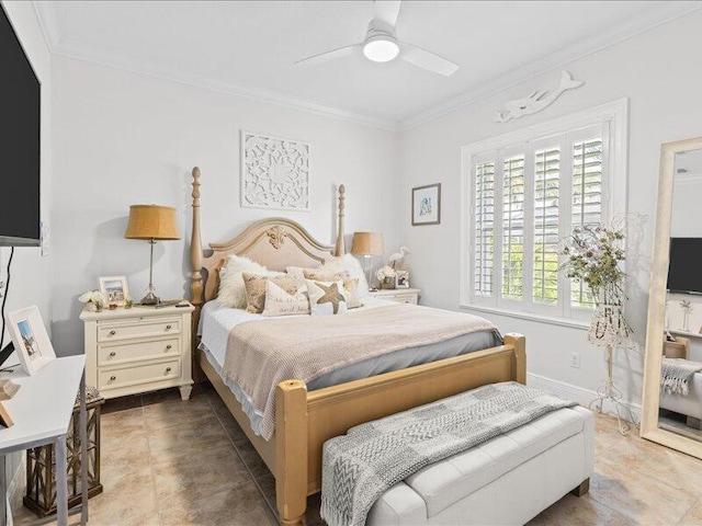bedroom featuring crown molding, baseboards, and ceiling fan