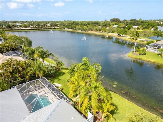 drone / aerial view featuring a water view