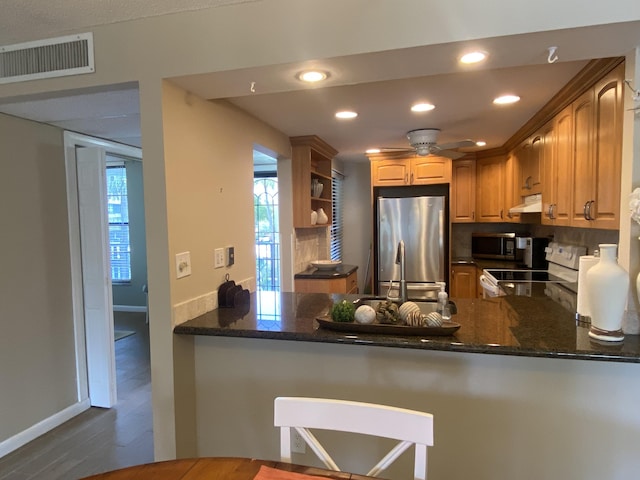 7 Royal Palm Way Unit 202, Boca Raton, FL 33432 - kitchen with appliances with stainless steel finishes, under cabinet range hood, a peninsula, dark stone counters, and wood finished floors