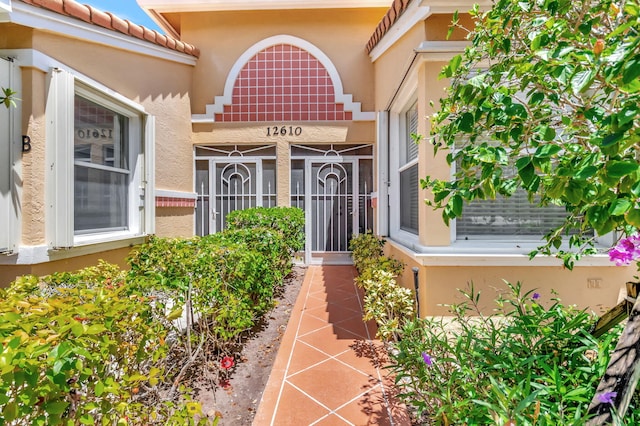 doorway to property with stucco siding