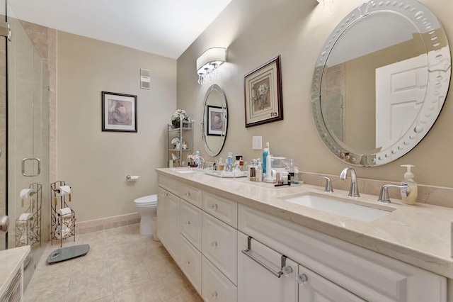 full bathroom with a sink, double vanity, visible vents, toilet, and tiled shower