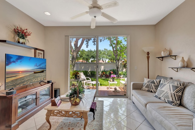 living room with recessed lighting and a ceiling fan