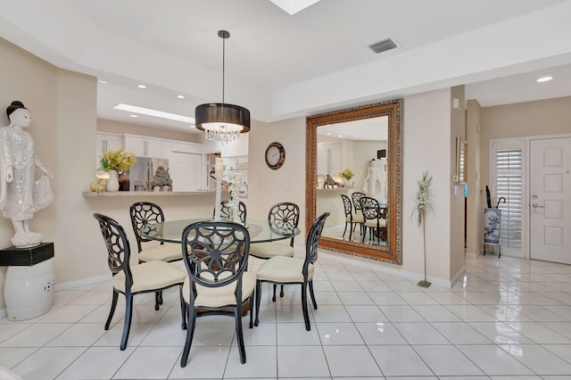 dining room featuring light tile patterned floors, recessed lighting, visible vents, and baseboards