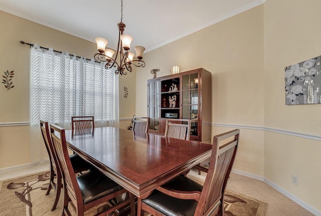 dining space featuring light tile patterned flooring, baseboards, a notable chandelier, and crown molding