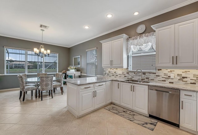 kitchen featuring a sink, light tile patterned flooring, visible vents, a chandelier, and dishwasher