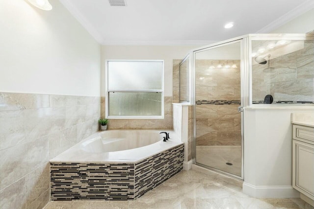 865 Gazetta Way, West Palm Beach, FL 33413 - full bathroom featuring a bath, a shower stall, and crown molding