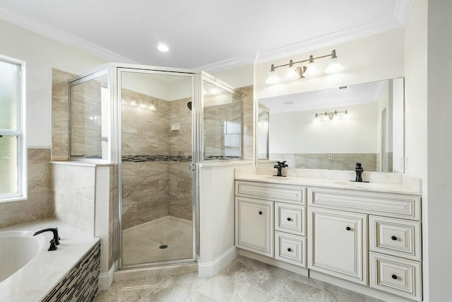 865 Gazetta Way, West Palm Beach, FL 33413 - full bathroom with a sink, a shower stall, crown molding, double vanity, and a garden tub