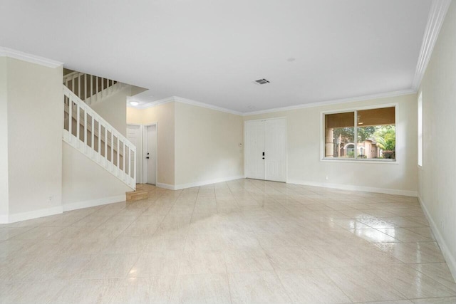 865 Gazetta Way, West Palm Beach, FL 33413 - unfurnished living room featuring visible vents, stairway, crown molding, and baseboards