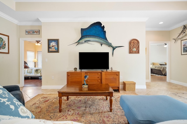 4732 SE Starling Cir, Stuart, FL 34997 - living area with recessed lighting, ceiling fan, light tile patterned flooring, and crown molding