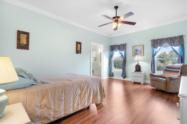 4732 SE Starling Cir, Stuart, FL 34997 - bedroom featuring baseboards, wood finished floors, ensuite bath, and ornamental molding