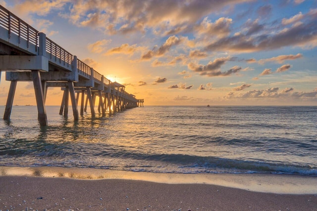 property view of water featuring a beach view and a pier