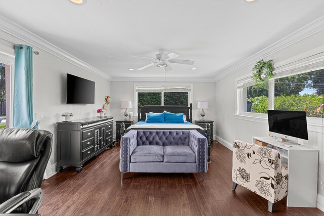 912 Roberts Rd, Delray Beach, FL 33483 - bedroom with ornamental molding, dark wood-style floors, recessed lighting, and baseboards