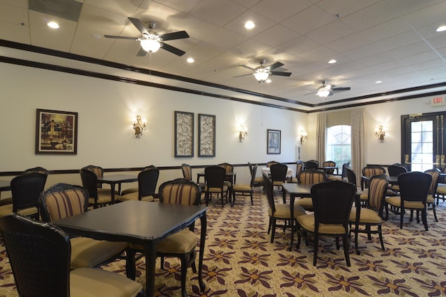 dining room with crown molding, a ceiling fan, and recessed lighting