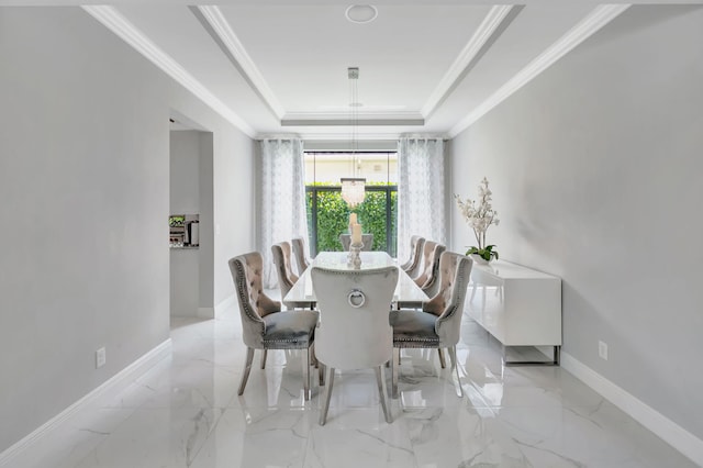 7015 NW 27th Ave, Boca Raton, FL 33496 - dining space with baseboards, ornamental molding, marble finish floor, and a tray ceiling