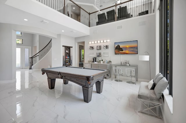 7015 NW 27th Ave, Boca Raton, FL 33496 - game room featuring baseboards, marble finish floor, billiards, and a towering ceiling
