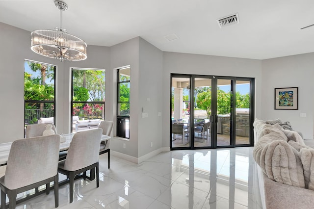 7015 NW 27th Ave, Boca Raton, FL 33496 - dining area featuring a notable chandelier, marble finish floor, visible vents, baseboards, and french doors