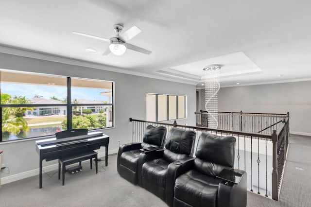 7015 NW 27th Ave, Boca Raton, FL 33496 - interior space with crown molding, carpet flooring, a raised ceiling, baseboards, and ceiling fan with notable chandelier