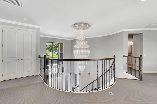 7015 NW 27th Ave, Boca Raton, FL 33496 - corridor featuring visible vents, an inviting chandelier, an upstairs landing, and carpet flooring