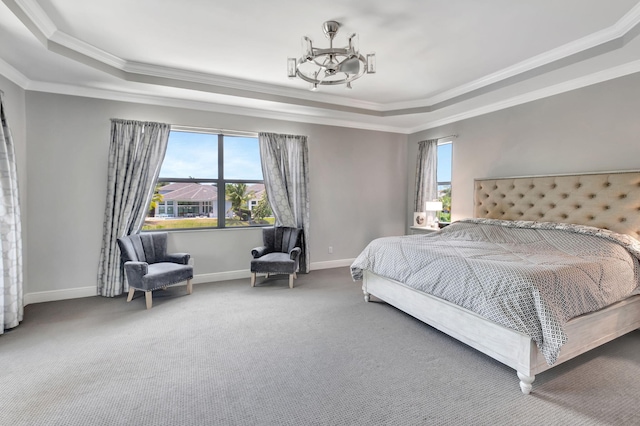 7015 NW 27th Ave, Boca Raton, FL 33496 - bedroom featuring a chandelier, carpet, baseboards, a raised ceiling, and crown molding