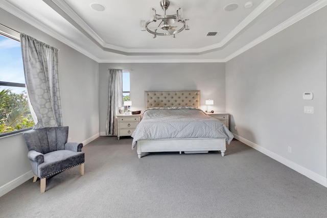 7015 NW 27th Ave, Boca Raton, FL 33496 - bedroom with carpet flooring, a chandelier, a tray ceiling, visible vents, and baseboards