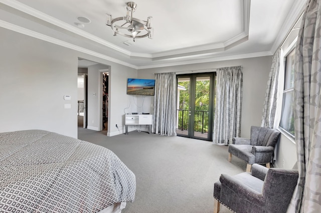 7015 NW 27th Ave, Boca Raton, FL 33496 - bedroom with carpet floors, a chandelier, access to outside, ornamental molding, and a tray ceiling