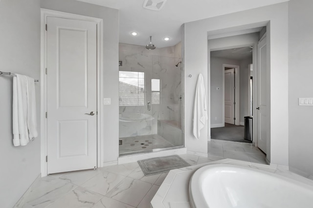7015 NW 27th Ave, Boca Raton, FL 33496 - full bathroom with recessed lighting, marble finish floor, baseboards, visible vents, and a marble finish shower