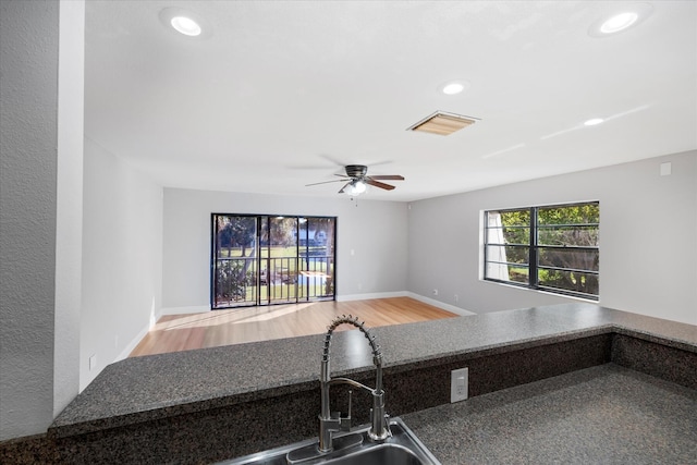kitchen featuring recessed lighting, visible vents, ceiling fan, and wood finished floors