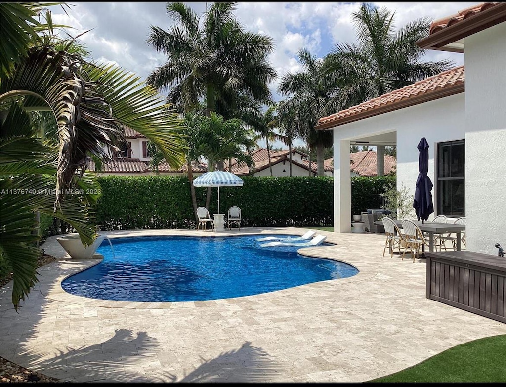 view of swimming pool with a patio and a fenced in pool