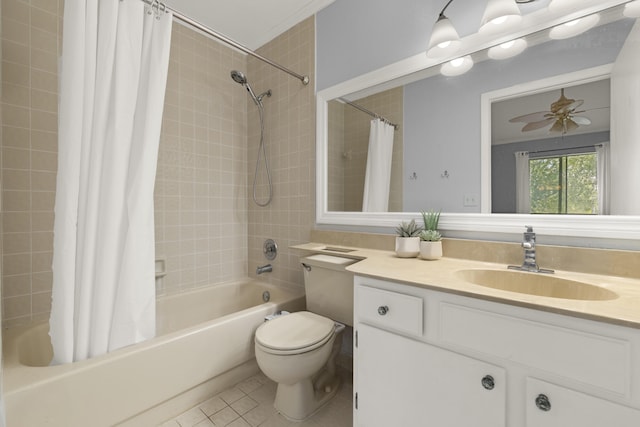 full bathroom with shower / tub combo with curtain, tile patterned flooring, vanity, and toilet