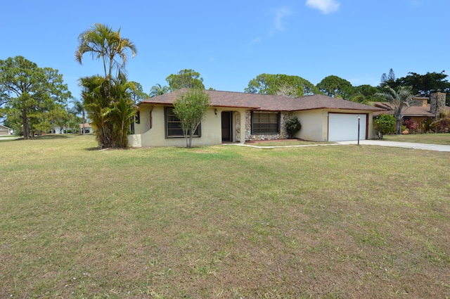 ranch-style home with stucco siding, an attached garage, driveway, and a front lawn