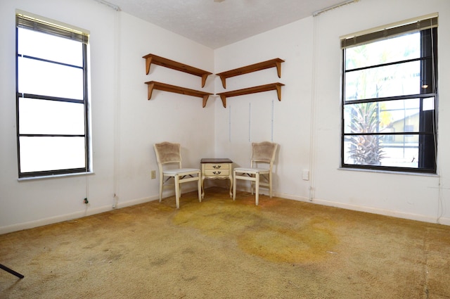 sitting room featuring a wealth of natural light, carpet flooring, and baseboards