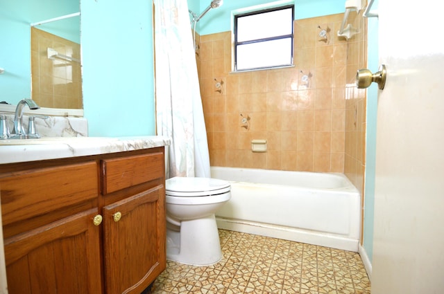 full bathroom with shower / bath combo, toilet, and vanity