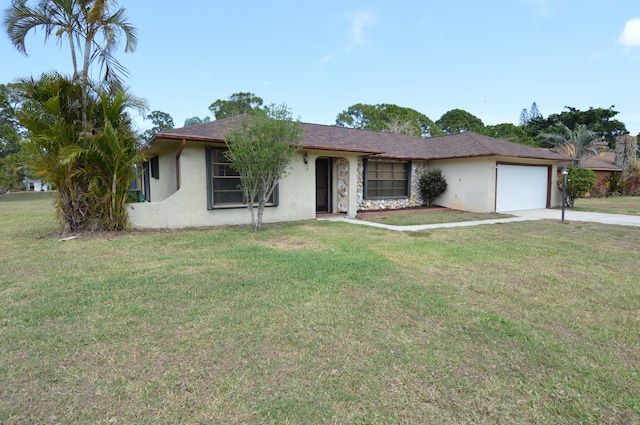 single story home featuring stucco siding, an attached garage, and a front lawn