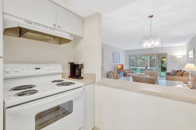 kitchen with white electric range, light countertops, open floor plan, an inviting chandelier, and under cabinet range hood