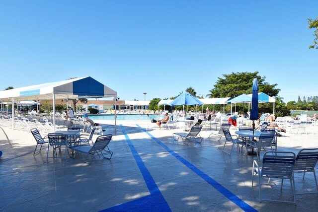 pool featuring fence and a patio area