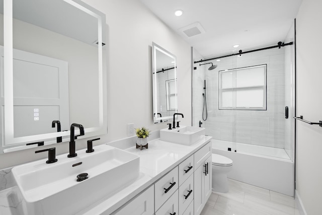 1269 NW 4th St, Boca Raton, FL 33486 - bathroom featuring toilet, double vanity, recessed lighting, enclosed tub / shower combo, and marble finish flooring