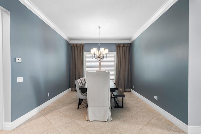 dining area featuring baseboards, a notable chandelier, ornamental molding, and light tile patterned floors