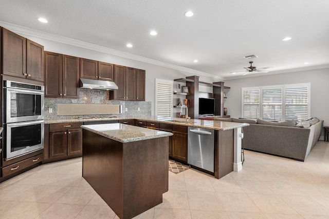 kitchen with crown molding, appliances with stainless steel finishes, a sink, a peninsula, and under cabinet range hood