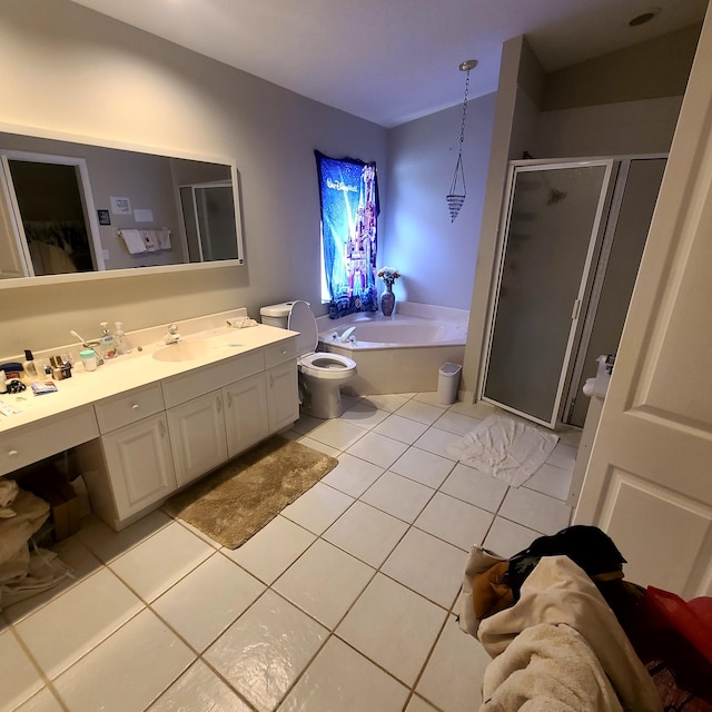 6374 Robinson St, Jupiter, FL 33458 - bathroom with a garden tub, tile patterned flooring, a shower stall, and vanity