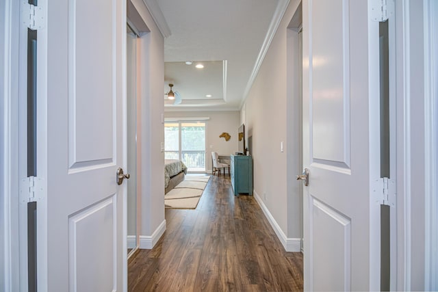 15688 Italian Cypress Way, Wellington, FL 33414 - hall with baseboards, crown molding, a tray ceiling, and dark wood-style floors