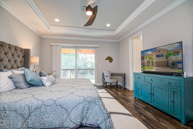 15688 Italian Cypress Way, Wellington, FL 33414 - bedroom featuring a raised ceiling, ornamental molding, dark wood finished floors, and access to exterior