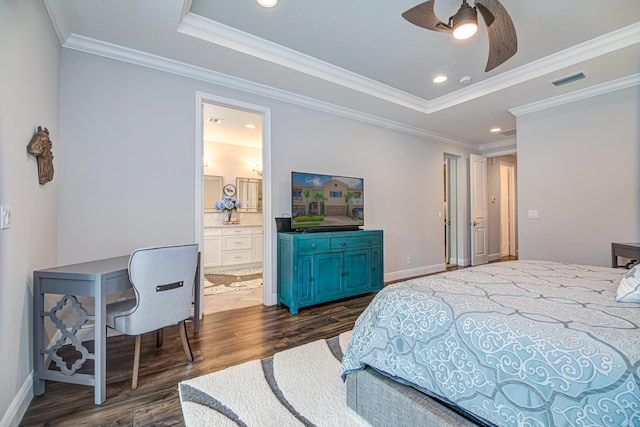 15688 Italian Cypress Way, Wellington, FL 33414 - bedroom featuring visible vents, a raised ceiling, dark wood-style flooring, and crown molding