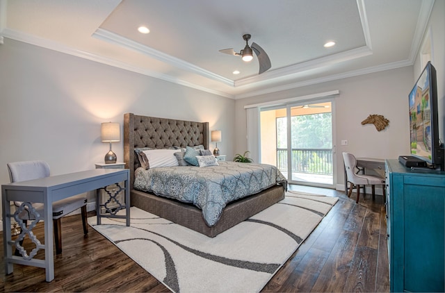 15688 Italian Cypress Way, Wellington, FL 33414 - bedroom featuring ornamental molding, dark wood-style flooring, access to exterior, recessed lighting, and a tray ceiling