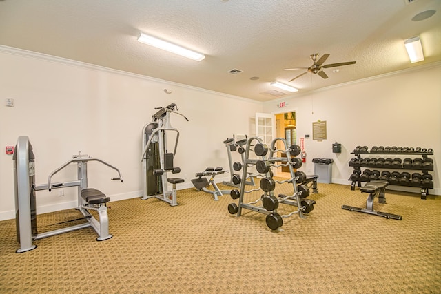 15688 Italian Cypress Way, Wellington, FL 33414 - workout area featuring visible vents, ornamental molding, baseboards, ceiling fan, and a textured ceiling