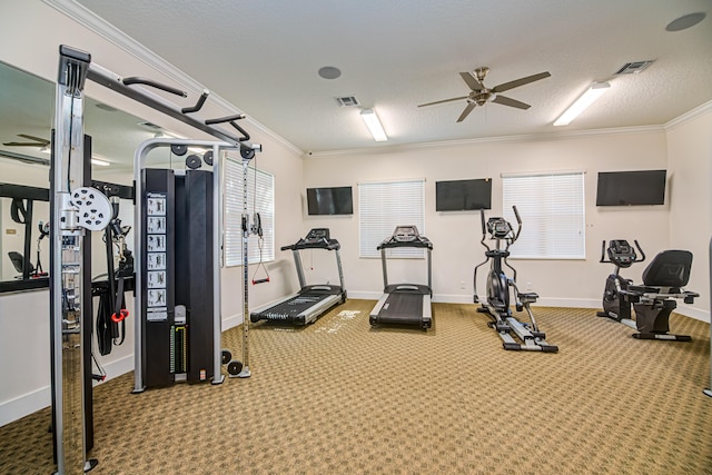 15688 Italian Cypress Way, Wellington, FL 33414 - gym with a ceiling fan, baseboards, visible vents, and ornamental molding