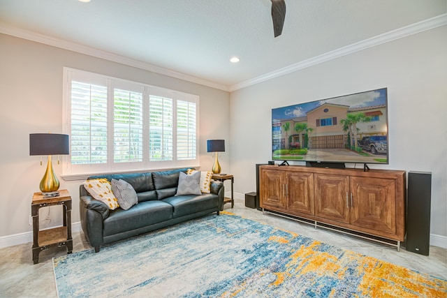 15688 Italian Cypress Way, Wellington, FL 33414 - living room featuring recessed lighting, baseboards, ornamental molding, and a ceiling fan