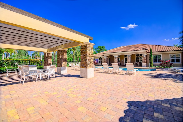 15688 Italian Cypress Way, Wellington, FL 33414 - view of patio featuring a pergola, a fenced in pool, fence, and outdoor dining area