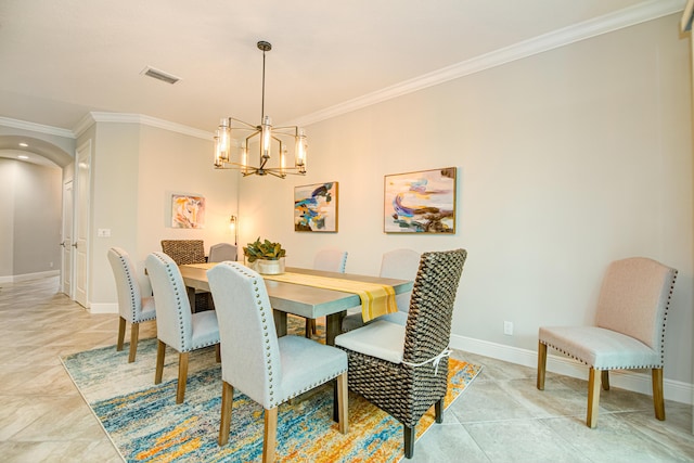 15688 Italian Cypress Way, Wellington, FL 33414 - dining space with crown molding, arched walkways, a chandelier, baseboards, and visible vents