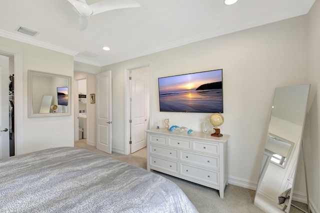 bedroom featuring visible vents, crown molding, baseboards, light carpet, and recessed lighting